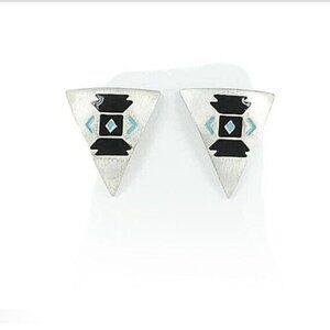 American Indian Black Aqua Enamel Brushed Triangular Western Shield Earrings